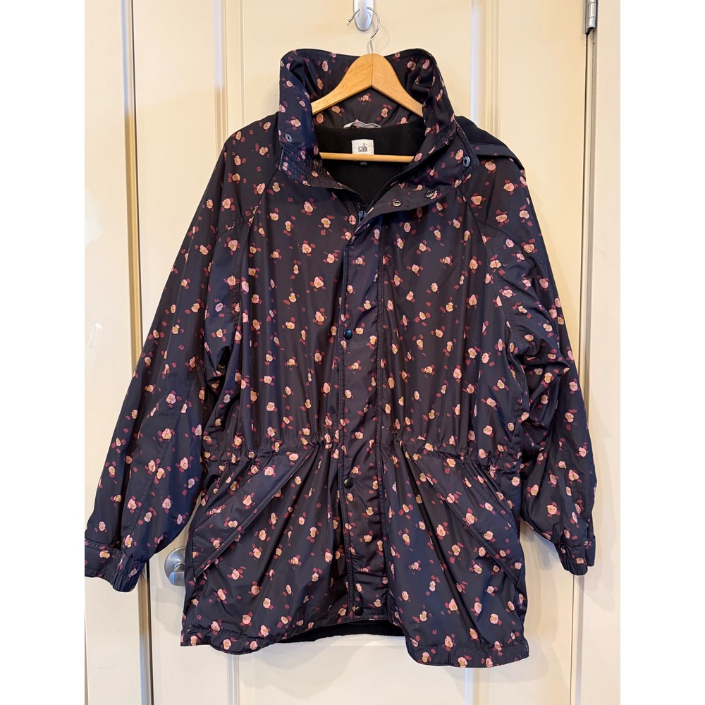 Cabi Women's Floral Navy Blue Fleece Lined Hooded Reflective Jacket Size Large